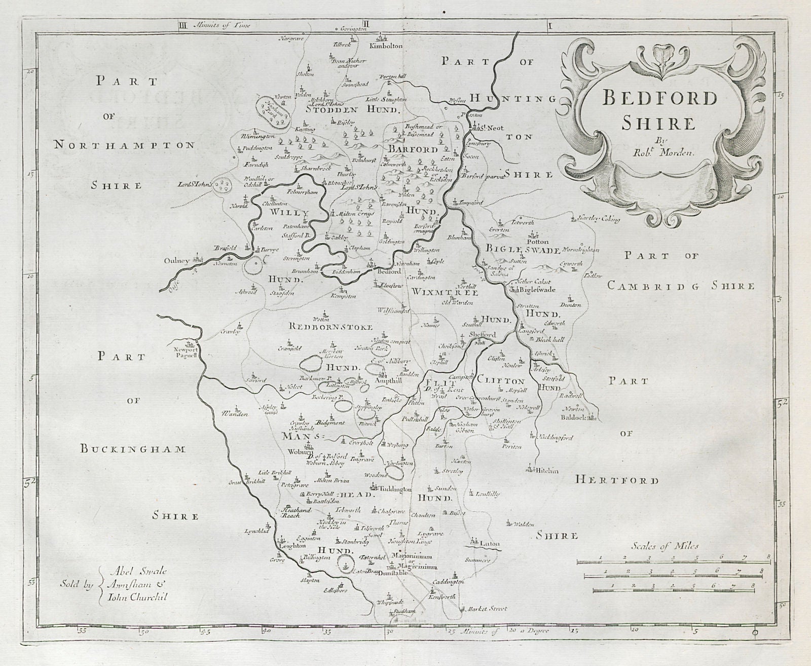 Bedfordshire. 'BEDFORD SHIRE' by ROBERT MORDEN from Camden's Britannia 1722 map